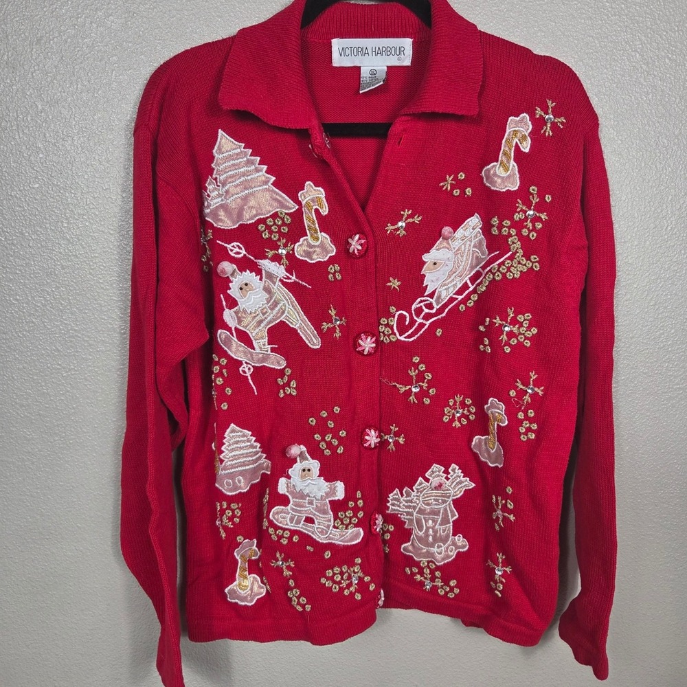 Victoria Harbour Christmas Sweater Women XL Red Santa Ski Embroidered Cardigan